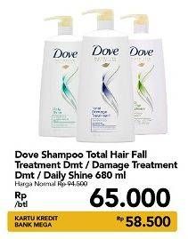 Promo Harga DOVE Shampoo Total Hair Fall Treatment, Total Damage Treatment, Daily Shine 680 ml - Carrefour