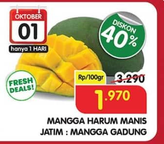 Mangga Harum Manis per 100 gr Diskon 40%, Harga Promo Rp1.970, Harga Normal Rp3.290, Jatim : Mangga Gadung