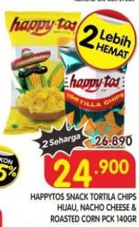 Promo Harga Happy Tos Tortilla Chips Hijau, Nacho Cheese, Jagung Bakar/Roasted Corn 140 gr - Superindo