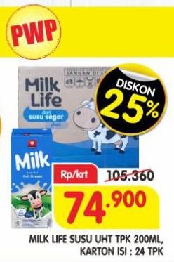 Promo Harga Milk Life UHT per 24 tpk 200 ml - Superindo