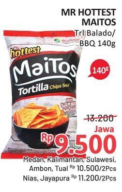 Promo Harga Mr Hottest Maitos Tortilla Chips Sambal Balado, BBQ Fiesta 140 gr - Alfamidi