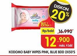Promo Harga KODOMO Baby Wipes Pink, Blue per 2 pouch 50 pcs - Superindo