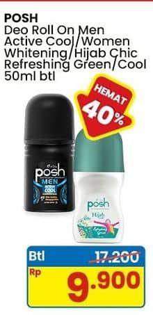 Promo Harga Posh Deo Roll On Men Active Cool, Whitening, Hijab Refreshing Green 50 ml - Indomaret