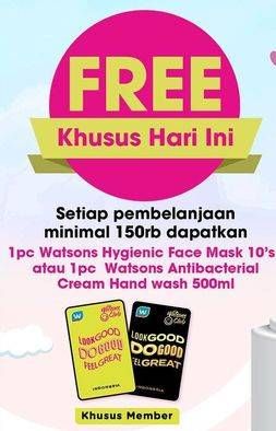 Promo Harga Watsons Hygienic Face Mask/Watsons Anti Bacterial Cream Hand Wash   - Watsons