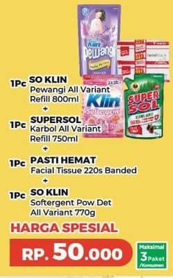 So Klin Pewangi + Supersol Karbon + Pasti Hemat Facial Tissue + So Klin Softergent