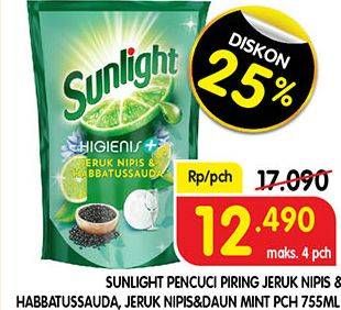 Promo Harga SUNLIGHT Pencuci Piring Anti Bau With Daun Mint, Higienis Plus With Habbatussauda 755 ml - Superindo