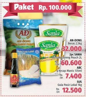 Promo Harga Paket 100rb (An-dong Beras + 2 Sania Minyak Goreng+ ABC Kecap Manis + SUS Gula Pasir)  - LotteMart