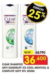 Promo Harga CLEAR Shampoo Anti Dandruff, Ice Cool Menthol, Complete Soft Care 320 ml - Superindo
