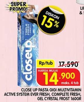 Promo Harga Close Up Pasta Gigi Deep Action Menthol Fresh, Complete Fresh Protec, Everfresh Icy White Winter Blast 160 gr - Superindo