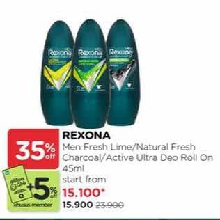 Promo Harga Rexona Men Deo Roll On Natural Fresh Lime Cool, Charcoal Fresh, Ultra Recharge 45 ml - Watsons