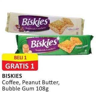 Promo Harga BISKIES Sandwich Biscuit Coffee, Peanut Butter, Bubble Gum 108 gr - Alfamart