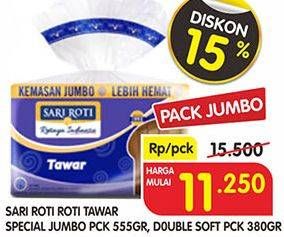 Promo Harga SARI ROTI Roti Tawar Spesial Jumbo 555 g/Double Soft 380 g  - Superindo