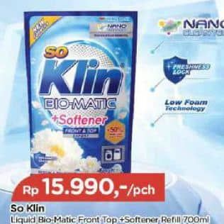 Promo Harga So Klin Biomatic Liquid Detergent +Softener Front Top Load Fresh Scent, +Softener Front Top Load Flower Bloom, +Softener Front Top Load Nature Scent 700 ml - TIP TOP