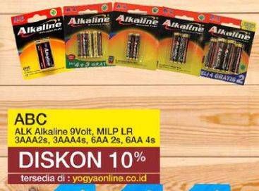 Promo Harga ABC Battery Alkaline 9V/6LR61, LR03/AAA, LR6/AA 2 pcs - Yogya
