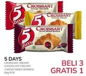 Promo Harga 5 DAYS Croissant Creamy Chocolate, Creamy Cheese, Sweet Mixed Berries 60 gr - Indomaret