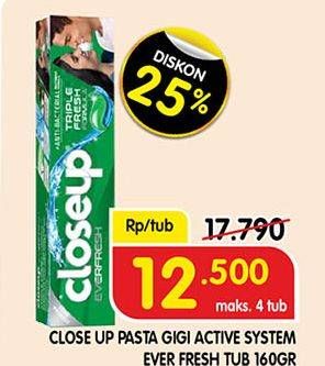 Promo Harga CLOSE UP Pasta Gigi Everfresh Menthol Fresh 160 gr - Superindo