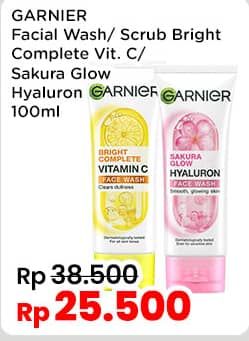 Promo Harga Garnier Facial Cleanser Bright Complete Face Wash, Bright Complete Face Scrub, Sakura Glow Hyaluron Whip Foam 100 ml - Indomaret