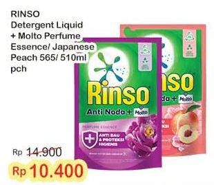 Promo Harga Rinso Liquid Detergent + Molto Purple Perfume Essence, + Molto Japanese Peach 565 ml - Indomaret