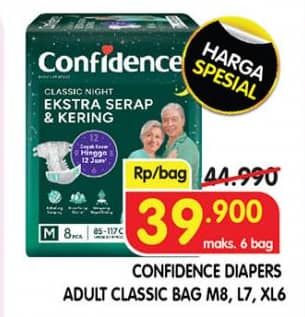 Confidence Adult Classic Night Ekstra Serap & Kering 6 pcs Diskon 11%, Harga Promo Rp39.900, Harga Normal Rp44.990, Maks 6 Bag