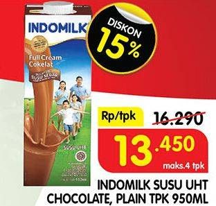 Promo Harga INDOMILK Susu UHT Cokelat, Full Cream Plain 950 ml - Superindo