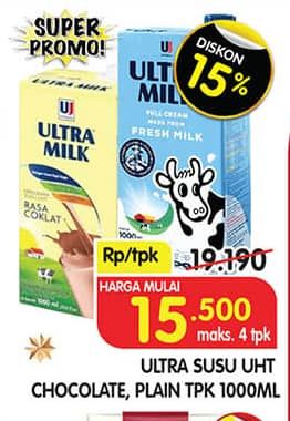 Promo Harga Ultra Milk Susu UHT Coklat, Full Cream 1000 ml - Superindo