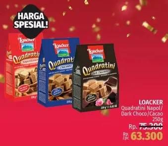 Promo Harga LOACKER Quadratini Wafer Dark Choco, Napolitaner, Cacao Milk 250 gr - LotteMart