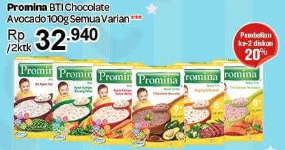 Promo Harga PROMINA Bubur Tim Sereal Choco Avocado, All Variants per 2 box 100 gr - Carrefour