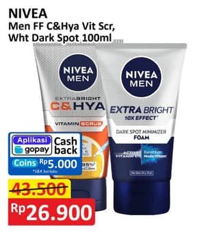Promo Harga Nivea Men Facial Foam Extra Bright CHYA Vitamin Scrub, Extra White Dark Spot 100 ml - Alfamart