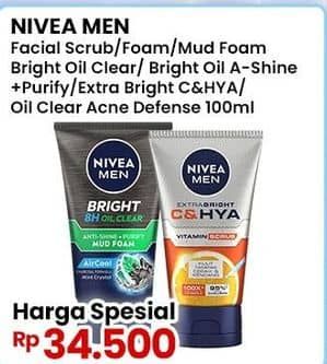 Promo Harga Nivea Men Facial Foam Bright Oil Clear Pore Minimizing Scrub, White Oil Clear Anti-Shine + Purify, Extra Bright CHYA Vitamin Scrub, Acne Defense 100 ml - Indomaret