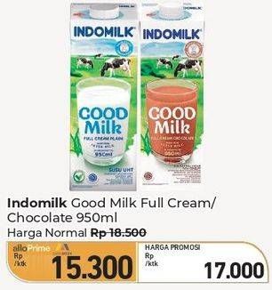 Promo Harga Indomilk Susu UHT Full Cream Plain, Cokelat 950 ml - Carrefour