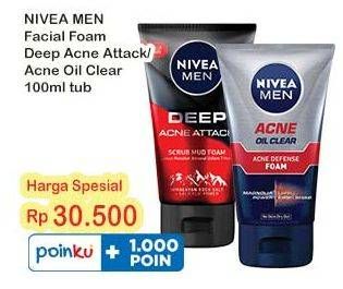 Promo Harga Nivea Men Deep Mud Facial Foam Scrub Acne Attack, Bright Oil Clear 100 ml - Indomaret