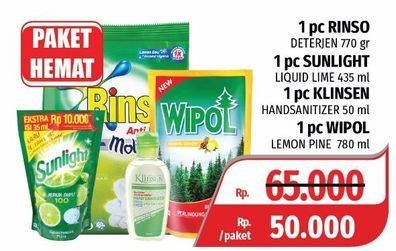 Promo Harga Paket Hemat: RINSO Deterjen 770gr, SUNLIGHT Lime 435ml, KLINSEN Hand Sanitizer 50ml, WIPOL Lemon Pine 780ml  - Lotte Grosir