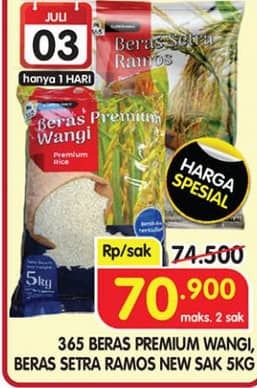 Promo Harga 365 Beras Premium Wangi, Setra Ramos 5000 gr - Superindo