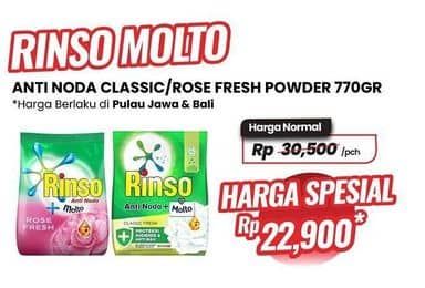 Promo Harga Rinso Anti Noda Deterjen Bubuk + Molto Classic Fresh, + Molto Pink Rose Fresh 770 gr - Carrefour