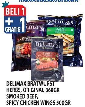Promo Harga Delimax Bratwurst/Smoked Beef/Smoked Spicy Chicken Wings   - Hypermart