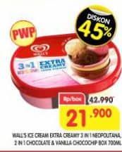 Promo Harga Walls Ice Cream Unicorn 3 In 1, Neopolitana, Chocolate Vanilla With Chocolate Chip 700 ml - Superindo