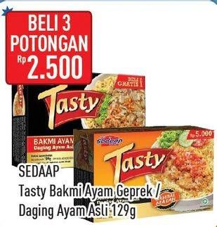 Promo Harga SEDAAP Tasty Bakmi Ayam Geprek Matah, Ayam per 3 box 129 gr - Hypermart