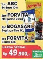 Promo Harga 1pc ABC Susu 10's + 2pcs FORVITA Margarine 200g + 1pc BOGASARI Segitiga Biru 1kg + 1pc FORVITA Minyak Goreng 1.8lt  - Yogya