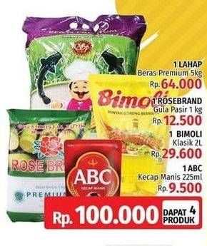 Promo Harga BERAS LAHAP Beras Premium 5Kg + ROSE BRAND Gula Pasir 1Kg + BIMOLI Minyak Goreng 2Ltr + ABC Kecap Manis 225ml  - LotteMart