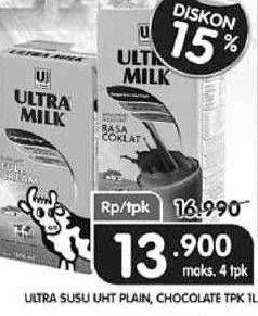 Promo Harga ULTRA MILK Susu UHT Plain, Chocolate 1000 ml - Superindo