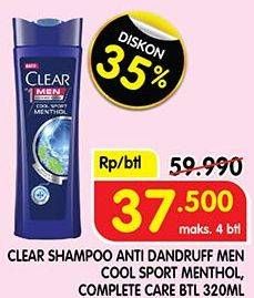 Promo Harga Clear Men Shampoo Anti Dandruff Cool Sport Menthol, Anti Dandruff Complete Care 320 ml - Superindo