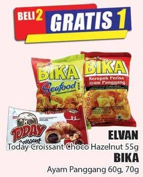 Promo Harga ELVAN Today Croissant Choco Hazelnut 55 g/BIKA Ayam Panggang 60 g, 70 g  - Hari Hari