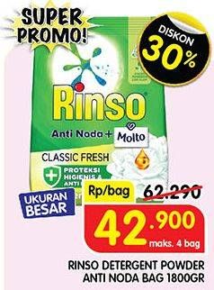 Promo Harga Rinso Anti Noda Deterjen Bubuk + Molto Classic Fresh 1800 gr - Superindo
