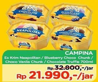 Promo Harga CAMPINA Ice Cream Neapolitan, Blueberry Choco Chunk, Vanilla, Chocolate Chunks, Chocolate Truffle 700 ml - TIP TOP