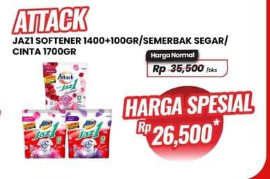 Promo Harga Attack Jaz1 Detergent Powder Semerbak Cinta, +Softener Rose Berry, Pesona Segar 1400 gr - Carrefour