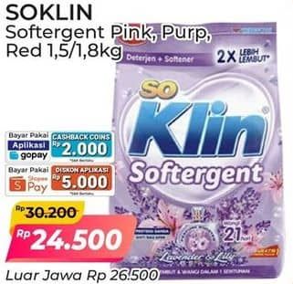 Promo Harga So Klin Softergent Rossy Pink, Purple Lavender, Cheerful Red 1500 gr - Alfamart