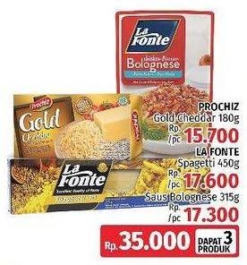 Promo Harga LA FONTE Spaghetti 450gr + Saus Pasta Bolognese 315 gr + PROCHIZ Gold Cheddar 170gr  - LotteMart