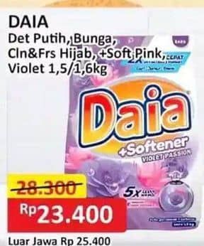Promo Harga Daia Deterjen Bubuk Putih, Bunga, Clean Fresh Hijab, + Softener Pink, + Softener Violet 1500 gr - Alfamart