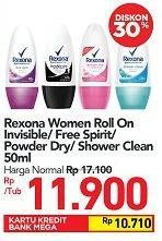Promo Harga REXONA Deo Roll On Invisible, Free Spirit, Powder Dry, Shower Clean 50 ml - Carrefour