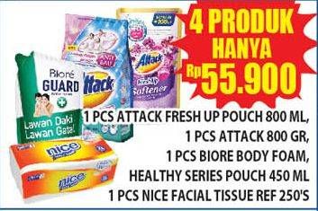 Promo Harga ATTACK Fresh Up 800ml + ATTACK 800gr + BIORE Body Foam,Healthy Series 450ml + NICE Facial Tissue 250Pcs  - Hypermart